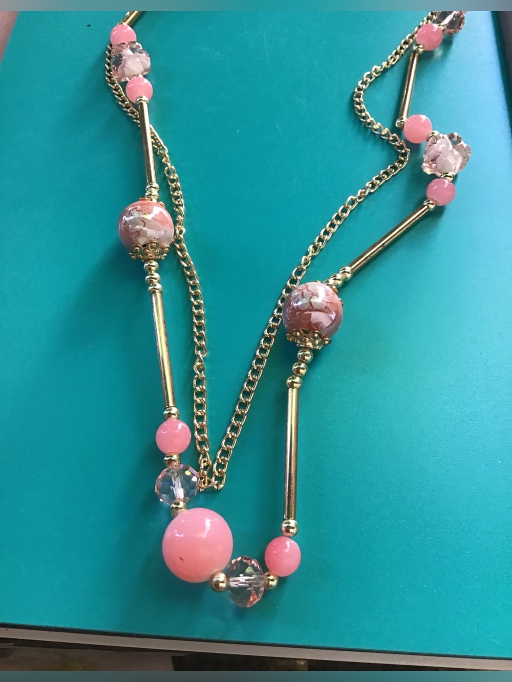 Gold Chain Necklace with Pink Beads